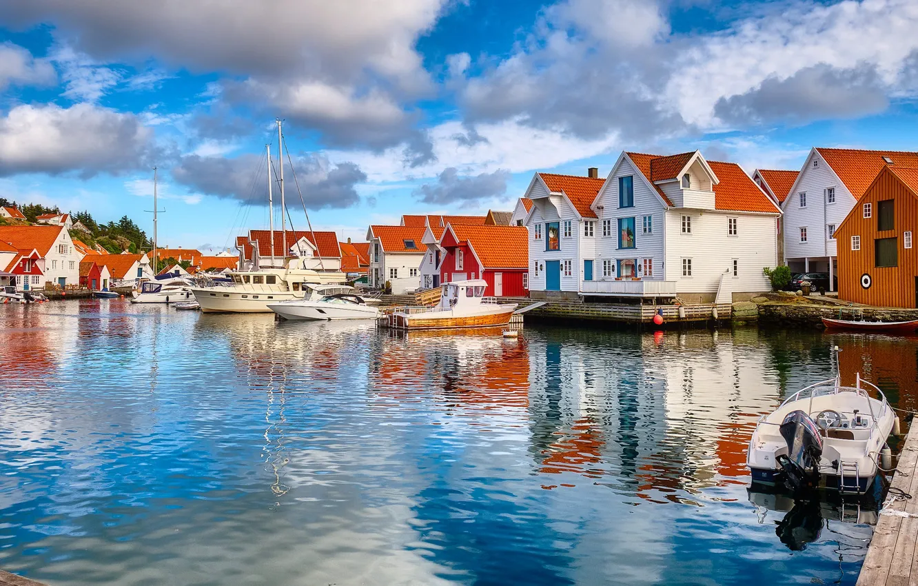 Photo wallpaper the sky, clouds, boats, pier, Norway, Skudeneshavn