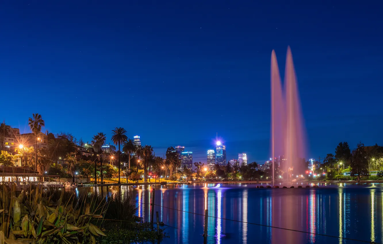 Photo wallpaper the sky, night, lights, pond, Park, palm trees, CA, fountain