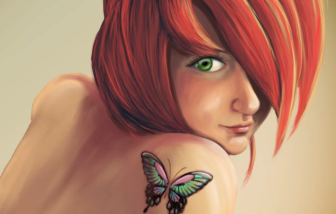 Photo wallpaper girl, butterfly, tattoo, art, tattoo, red, shoulder, Anna Mannco