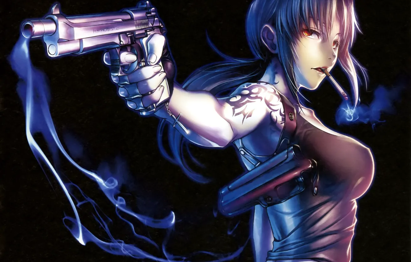 Photo wallpaper girl, gun, smoke, anime, art, cigarette, tattoo, black lagoon