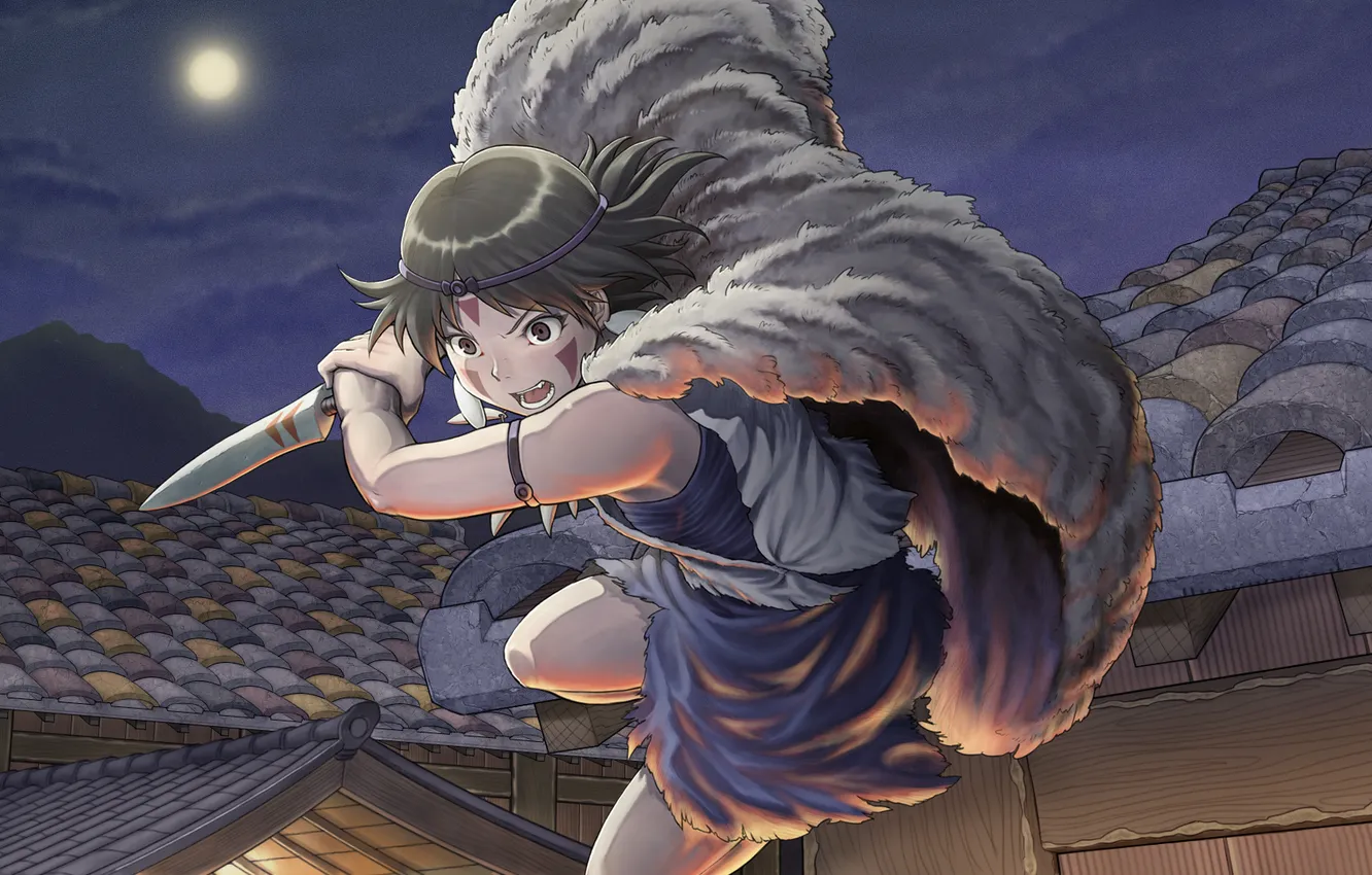 Photo wallpaper roof, anger, night, weapons, the moon, the situation, anime, rage