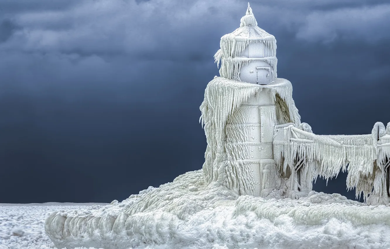 Photo wallpaper cold, ice, element, lighthouse, icicles, frost, frost, White prisoner