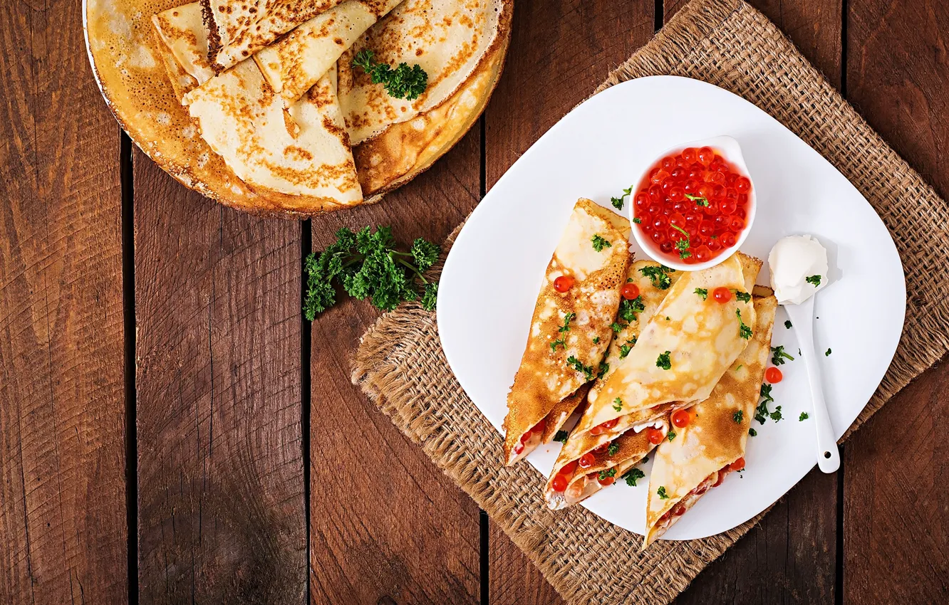 Photo wallpaper plate, pancakes, caviar