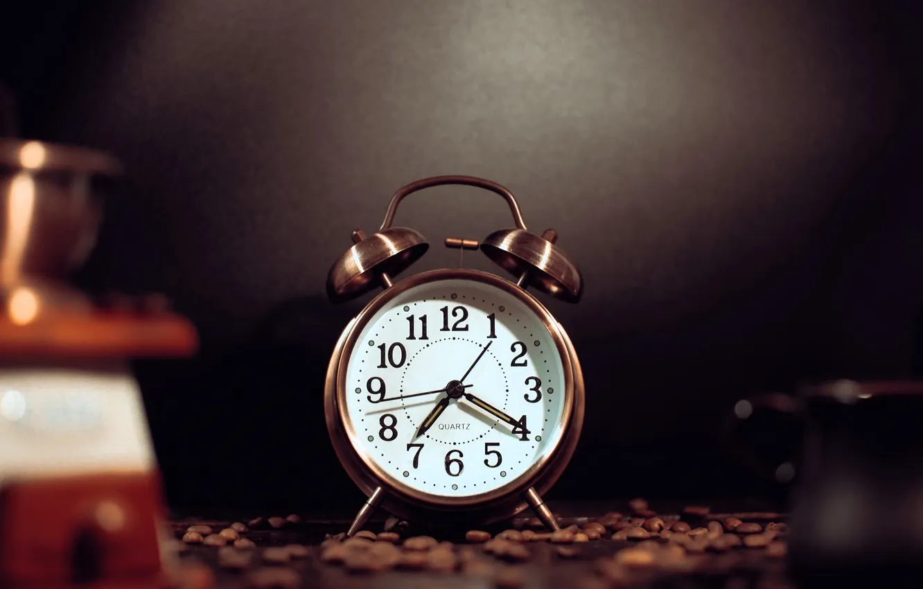Photo wallpaper watch, coffee, grain, alarm clock, coffee grinder