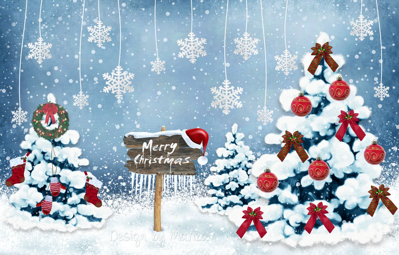 Photo wallpaper New Year, Christmas, forest, Christmas, winter, snow, tree, decoration