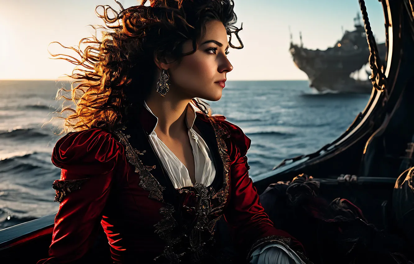 Photo wallpaper girl, the ocean, the wind, ship, earrings