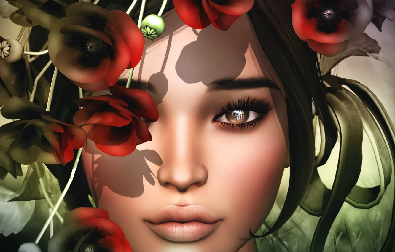 Photo wallpaper eyes, look, girl, flowers, face, lips