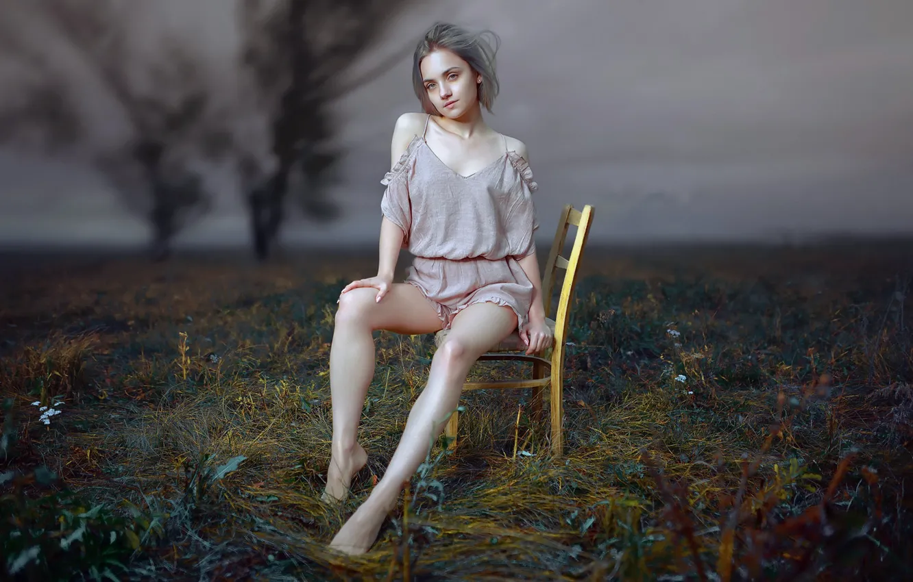Photo wallpaper field, girl, chair