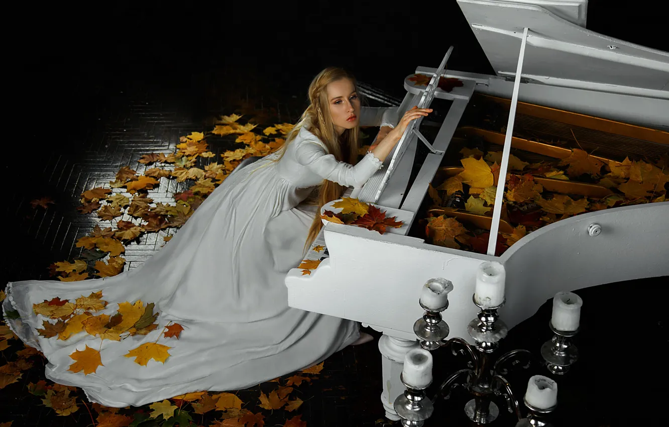 Photo wallpaper girl, piano, white dress