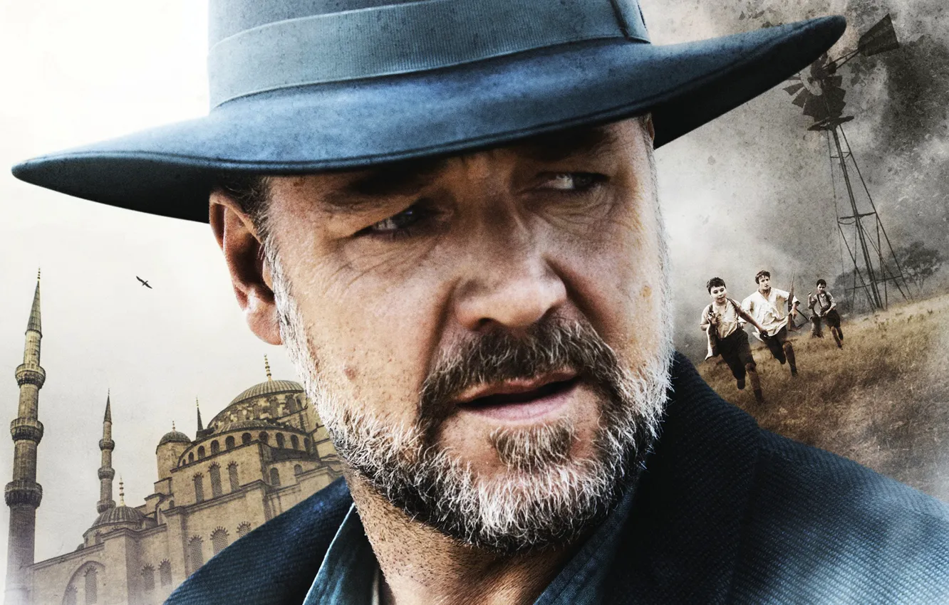 Photo wallpaper face, hat, beard, poster, closeup, Russell Crowe, Russell Crowe, The Water Diviner