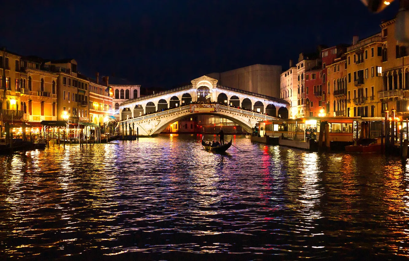 Photo wallpaper night, bridge, the city, boats, lighting, Italy, Venice, channel