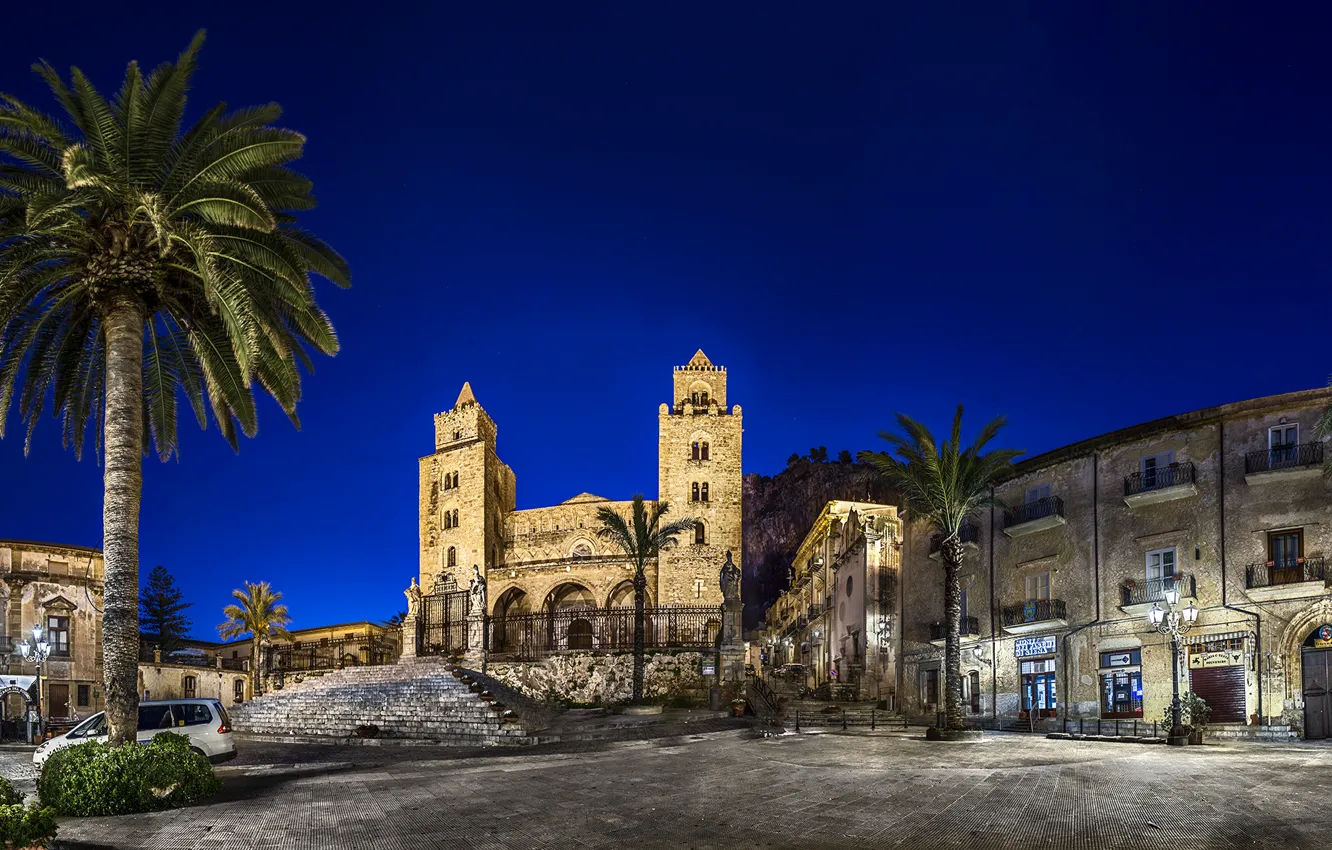 Photo wallpaper night, lights, palm trees, lights, Italy, architecture, Sicily, Cefalu