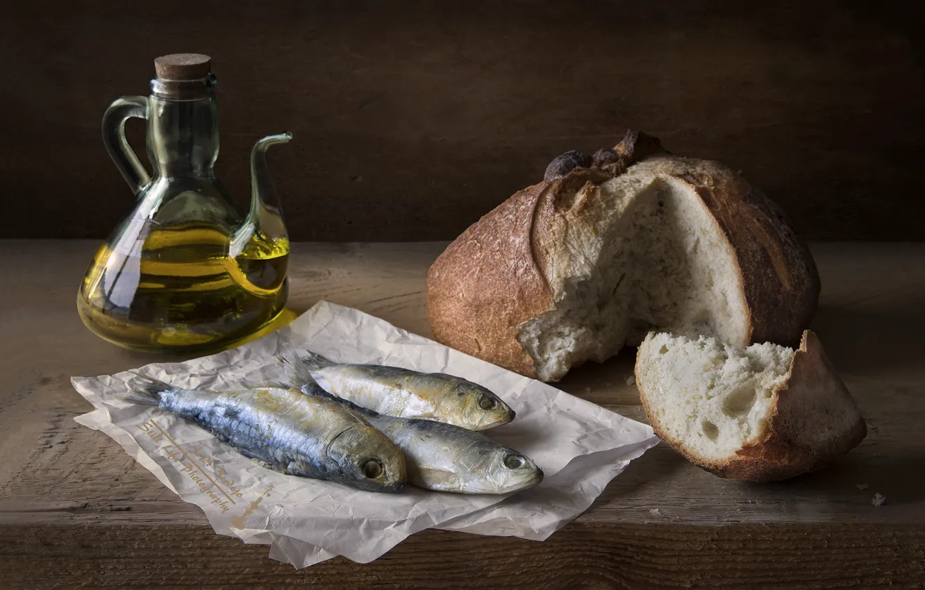 Photo wallpaper oil, fish, bread