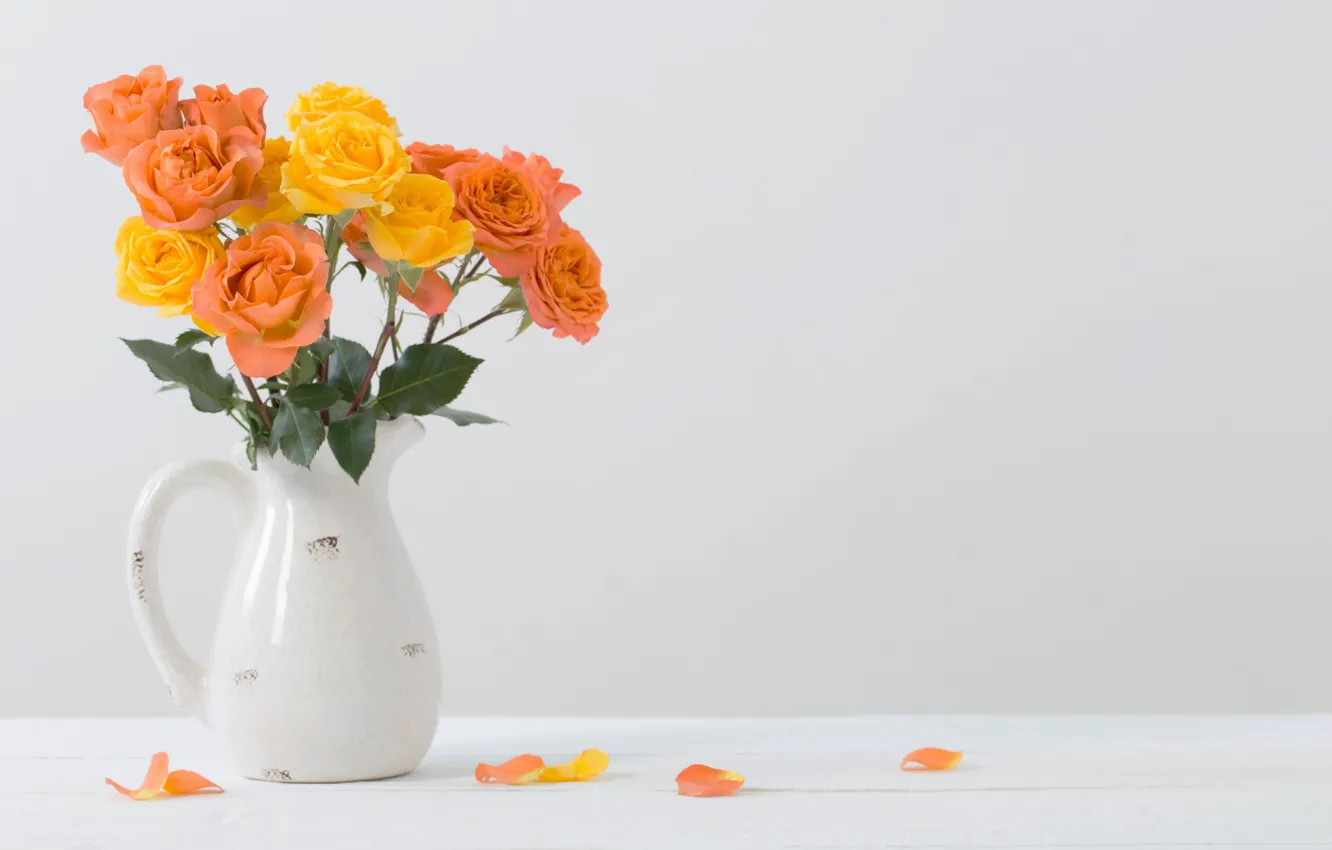 Photo wallpaper table, roses, bouquet, pitcher, Maya Kruchenkova