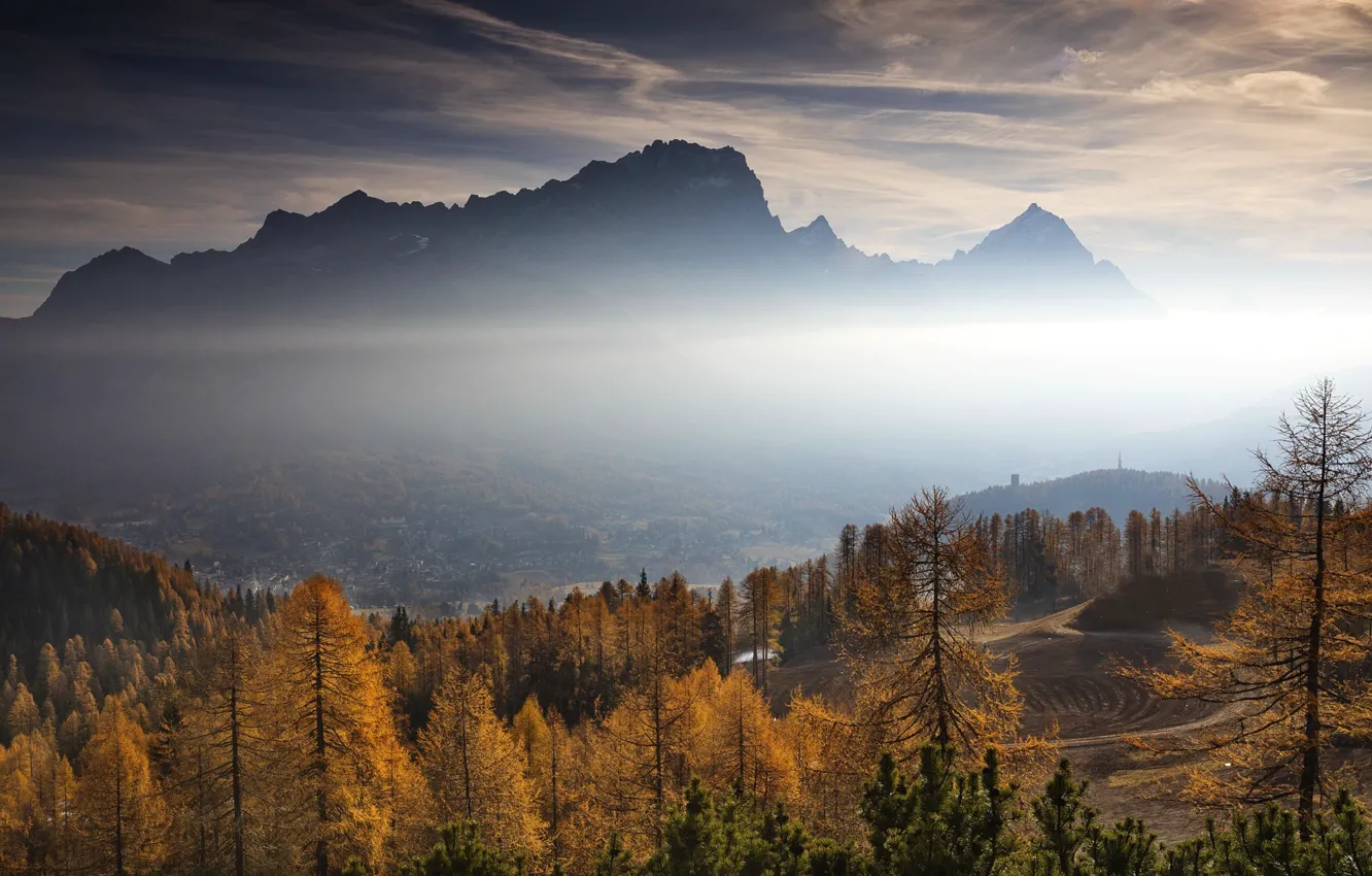 Photo wallpaper Mist, Morning, Dolomites