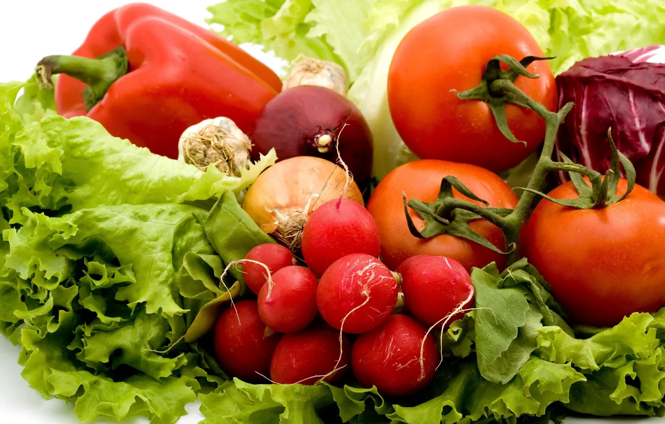 Photo wallpaper bow, pepper, vegetables, tomatoes, radishes