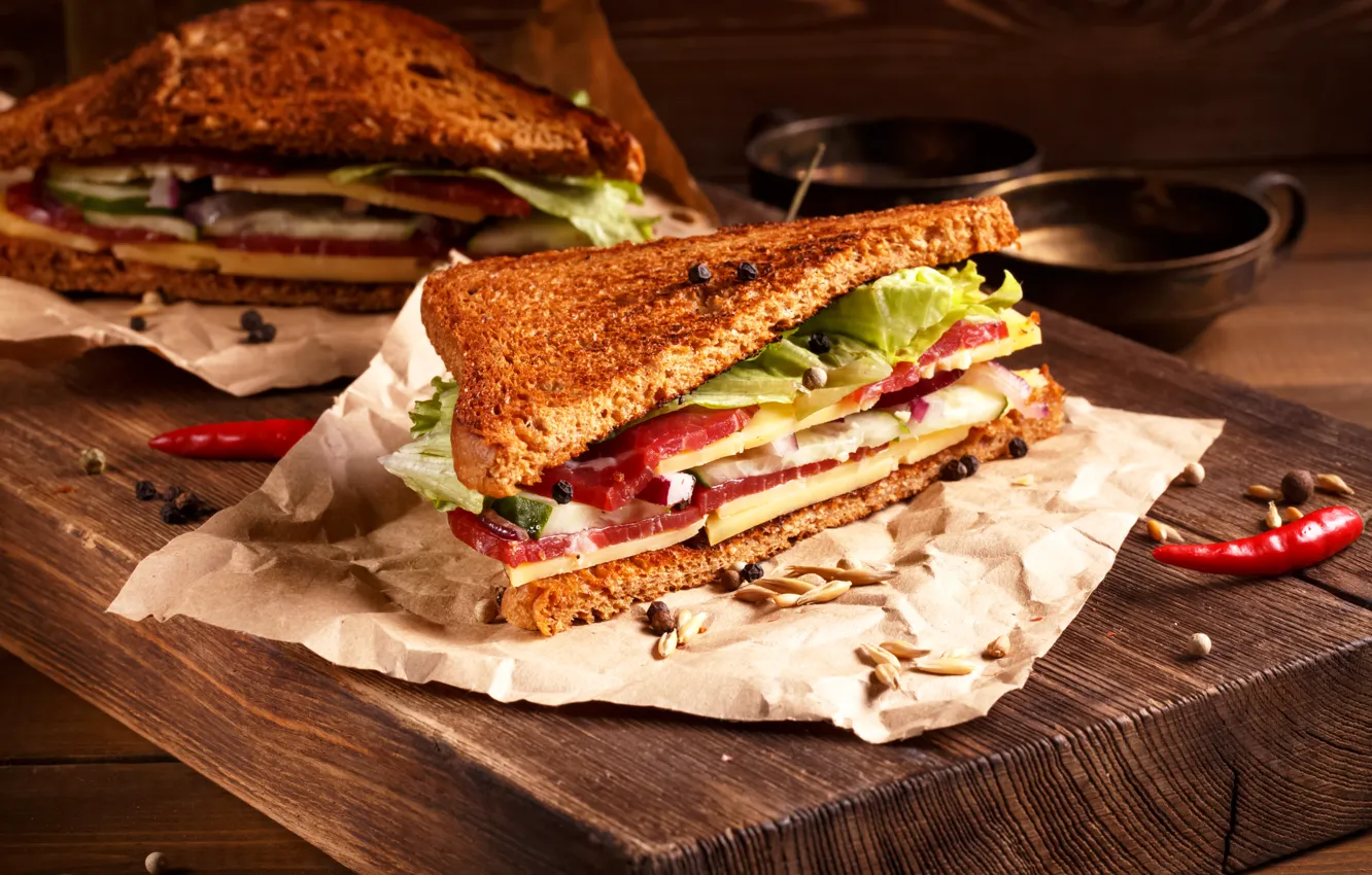 Photo wallpaper leaves, bread, pepper, sandwich, sausage, sandwich, bacon, salad