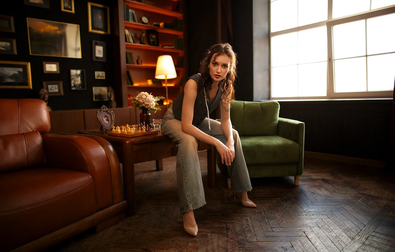 Photo wallpaper room, model, window, beautiful girl, Nastya, sitting on the table, Dmitry Shulgin