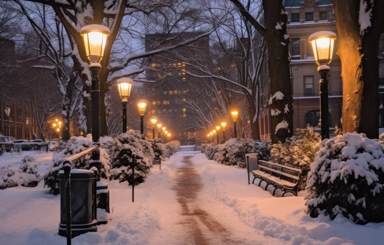 Photo wallpaper winter, snow, night, Park, street, lights, alley, night