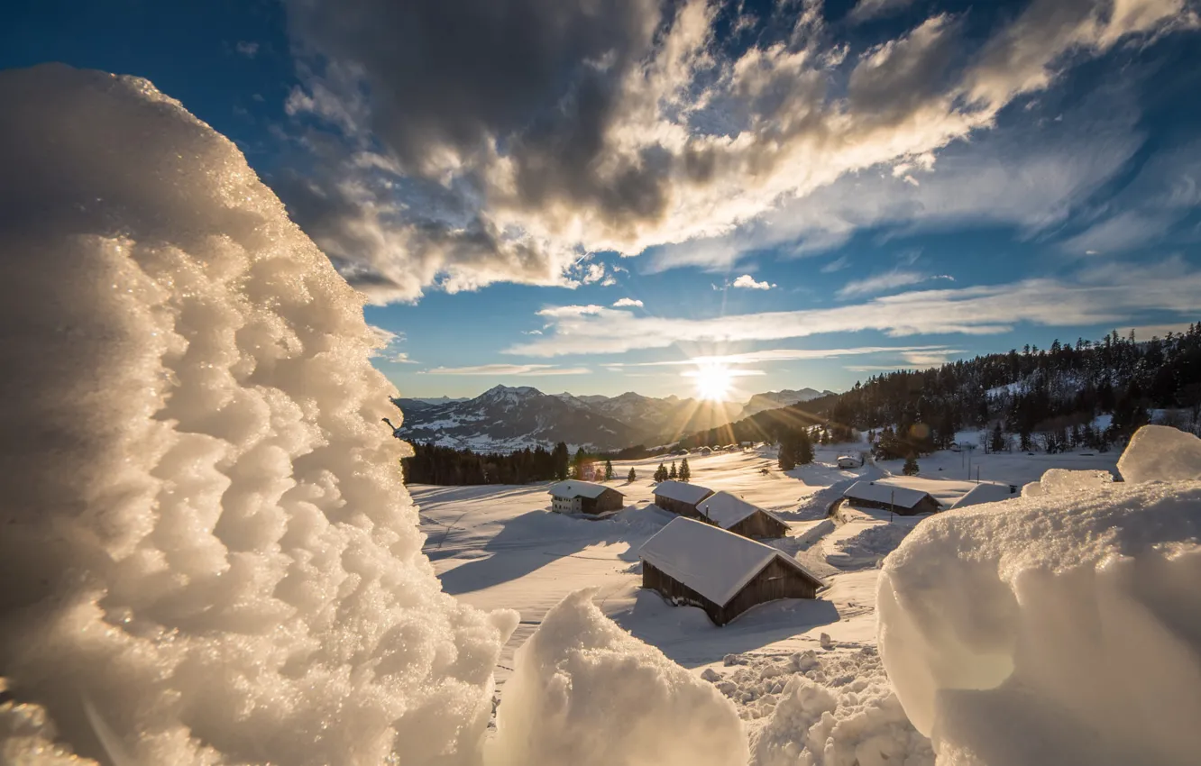 Photo wallpaper winter, forest, the sun, clouds, rays, light, snow, mountains
