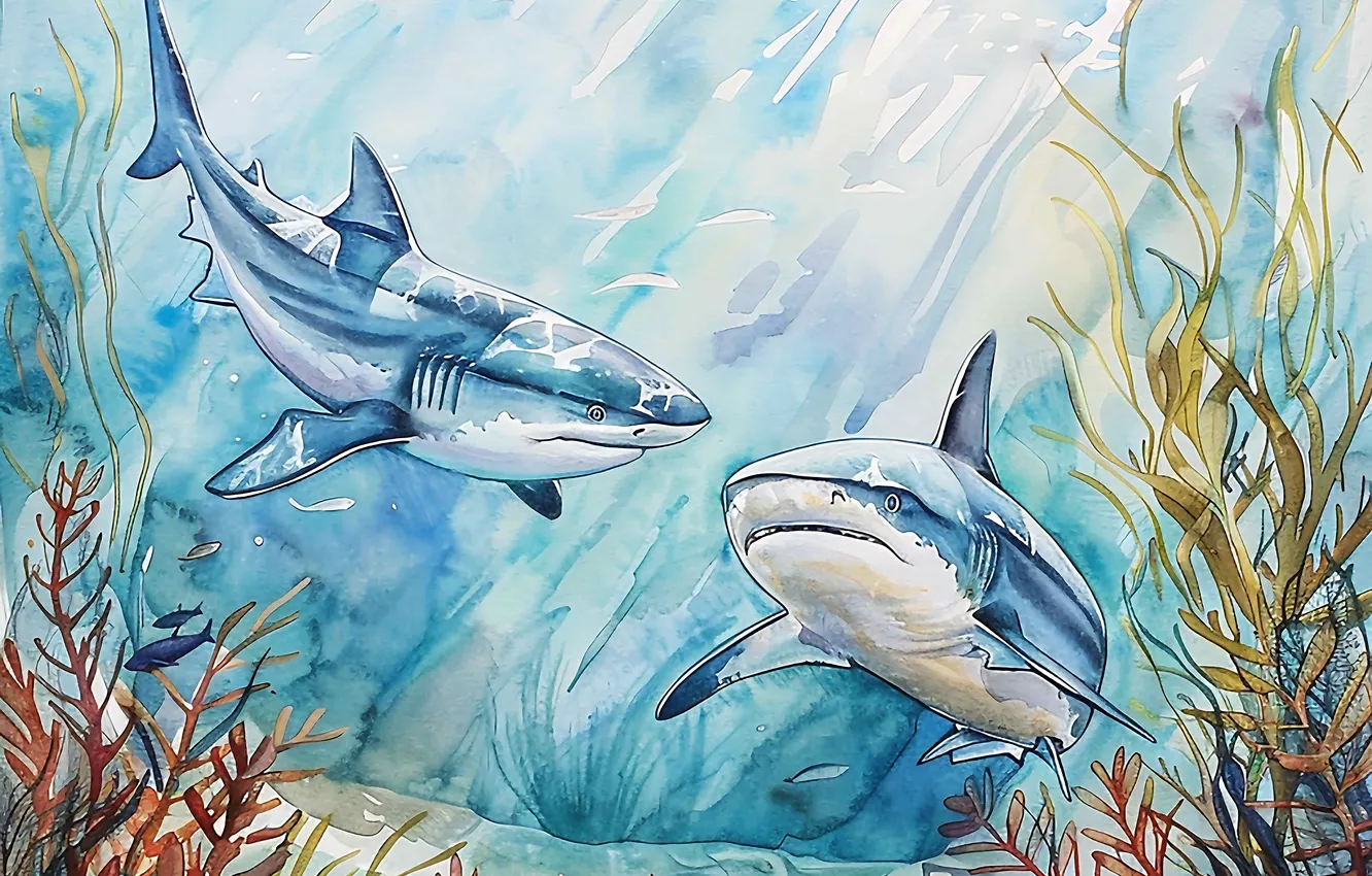 Photo wallpaper algae, predator, shark, two, underwater world, digital art, imitation painting, AI art