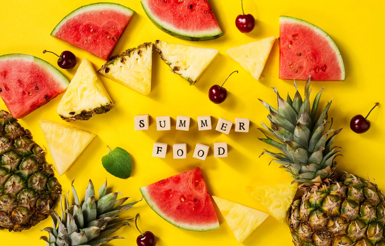 Photo wallpaper summer, cherry, watermelon, pineapple, yellow background