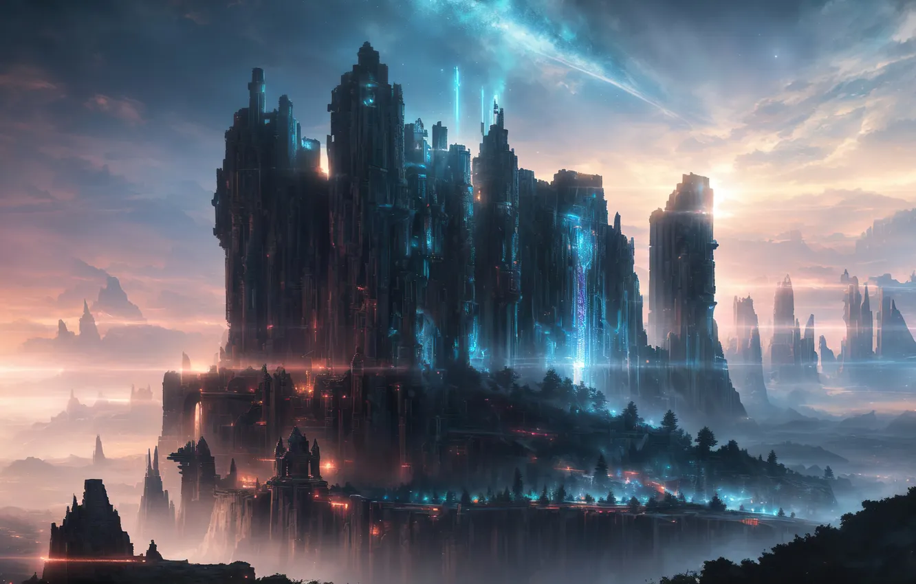 Photo wallpaper sky, landscape, art, fantastic, digital art, futuristic, ancient ruin, Mount