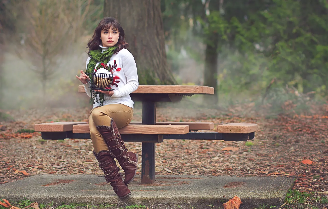 Photo wallpaper autumn, girl, bench