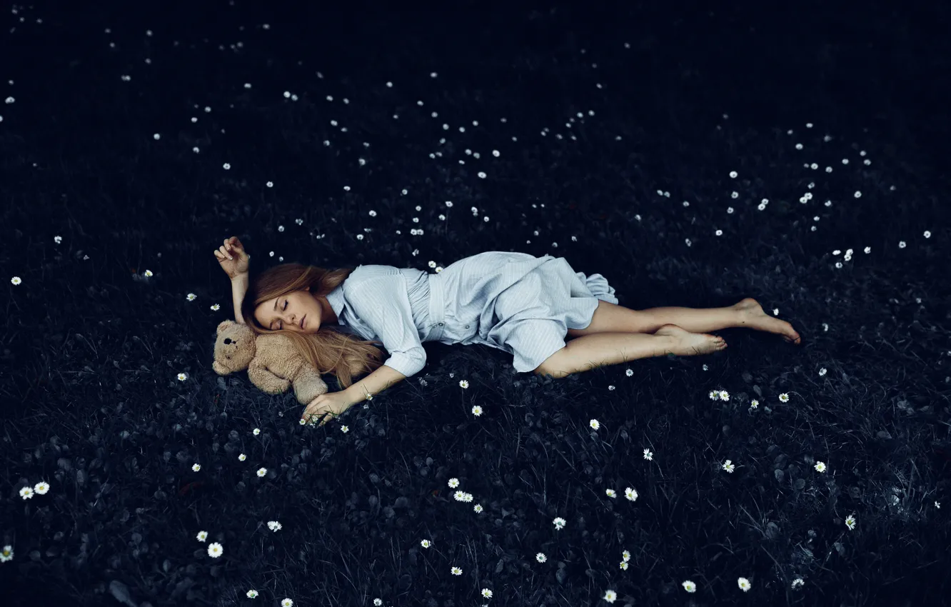 Photo wallpaper summer, grass, girl, flowers, night, nature, pose, glade
