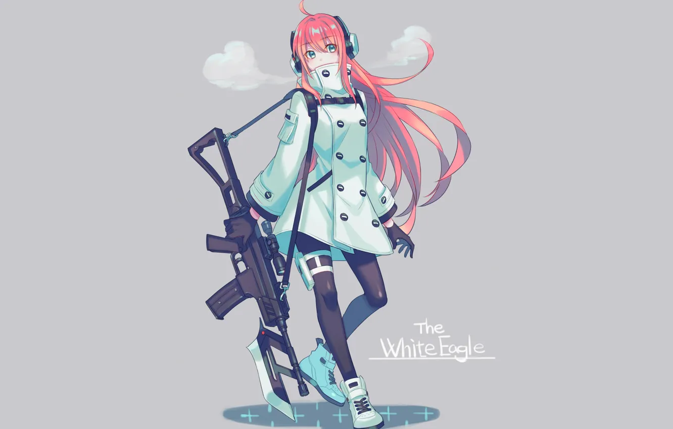 Photo wallpaper girl, weapons, grey background
