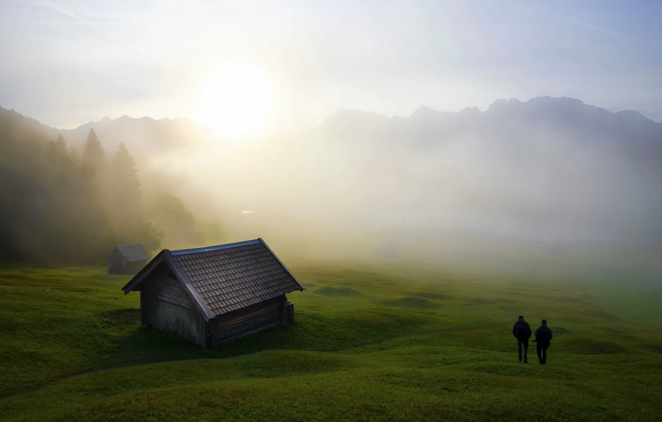 Photo wallpaper field, mountains, fog, morning, Alps, male, house