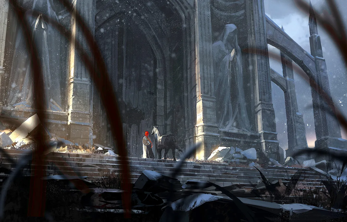 Photo wallpaper girl, fantasy, cathedral, snow, redhead, horse, gates, digital art