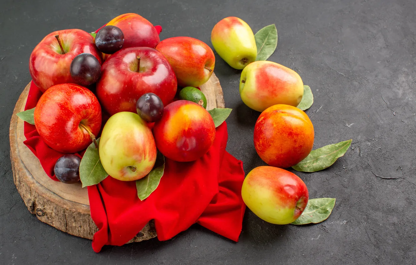 Photo wallpaper leaves, yellow, red, table, apples, towel, fabric, fruit