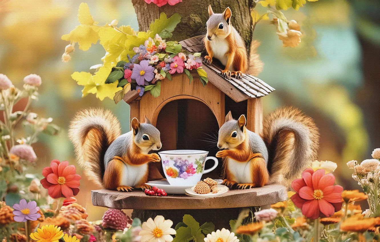 Photo wallpaper flowers, tea, the tea party, Cup, squirrel, proteins, AI art, neural network