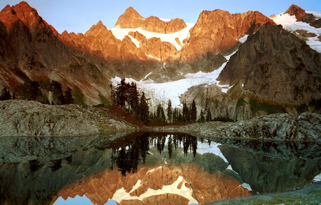 Photo wallpaper rocas, agua, lago, trees, glaciar, mountains, pinos, hielo