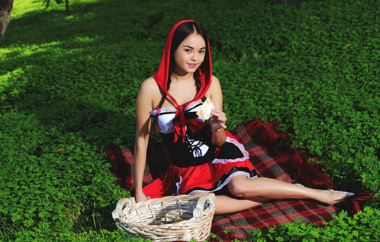 Photo wallpaper forest, basket, glade, little red riding hood, costume, cakes, Li Moon