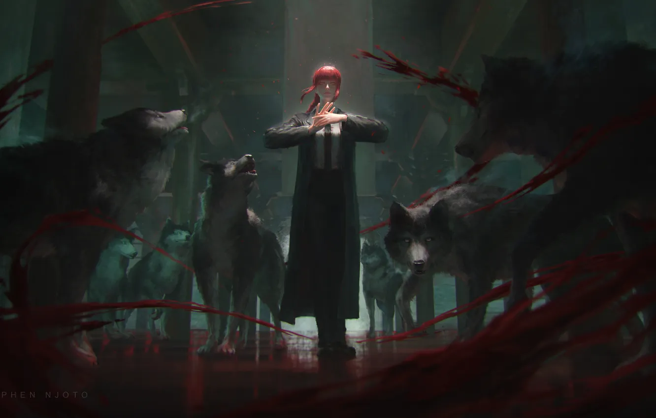 Photo wallpaper girl, blood, wolves, Chainsaw Man, Makima, stephen njoto