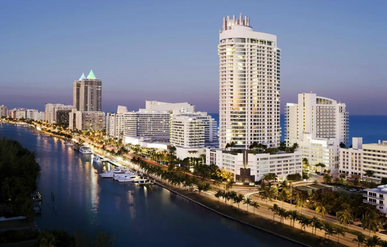 Photo wallpaper the ocean, Miami, skyscrapers, USA, America, us state
