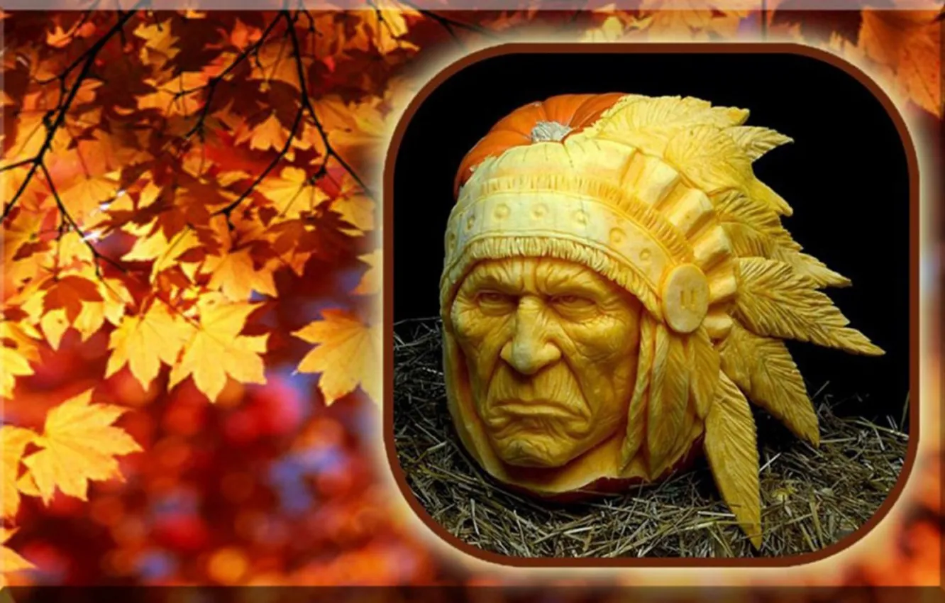 Photo wallpaper red, art, leafs, Chief, first people, Native american art