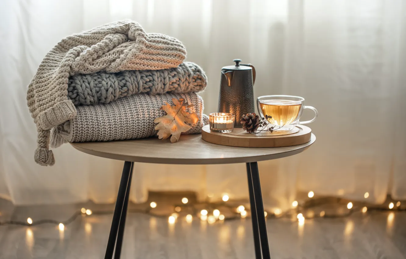 Photo wallpaper tea, scarf, kettle, Cup, garland