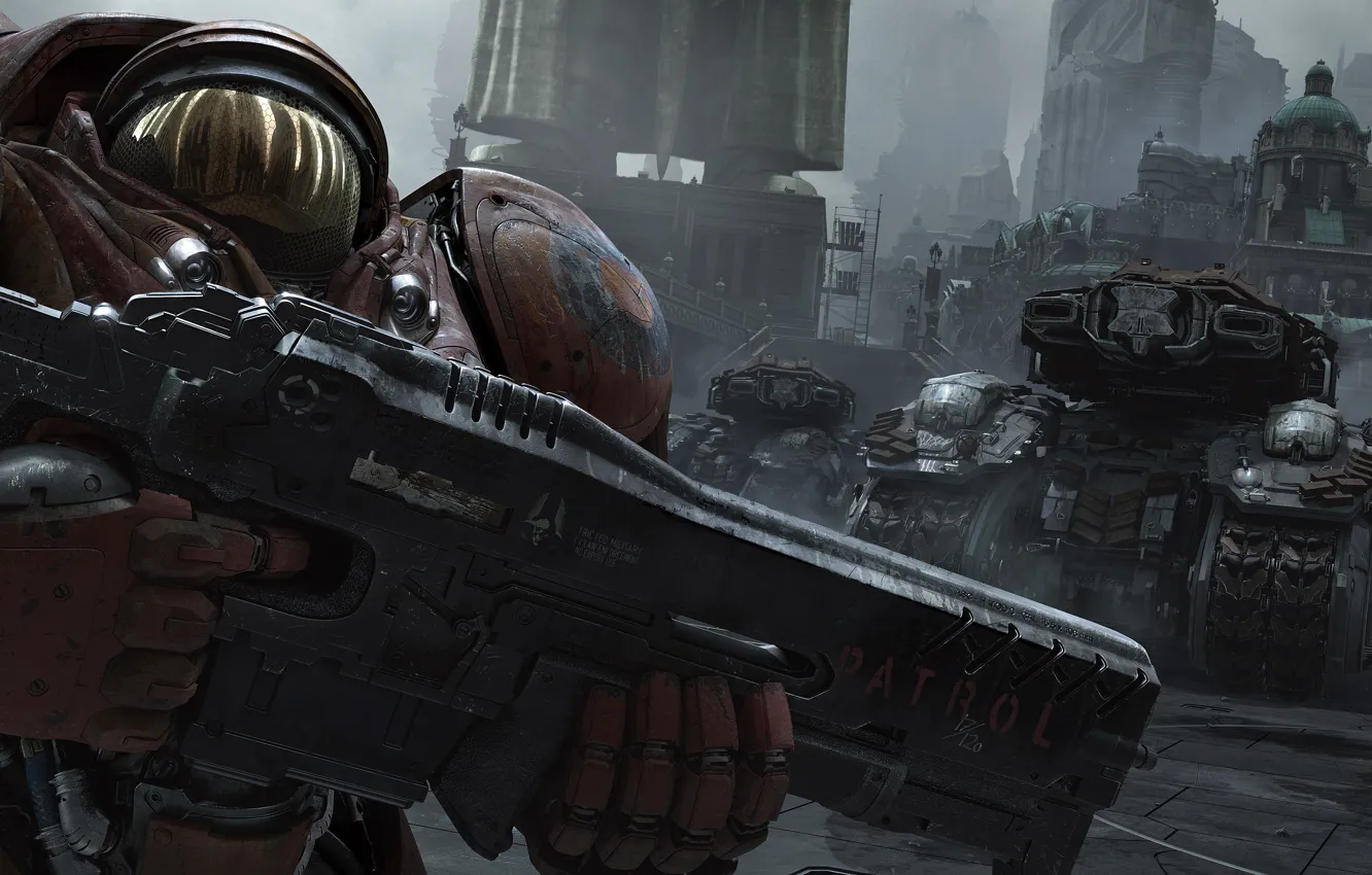Photo wallpaper the city, the suit, starcraft, rifle, tanks, strategy, Marines, heart of the swarm