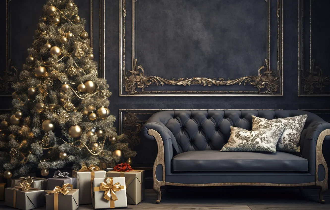 Photo wallpaper decoration, sofa, gift, balls, tree, new year, Christmas, Christmas