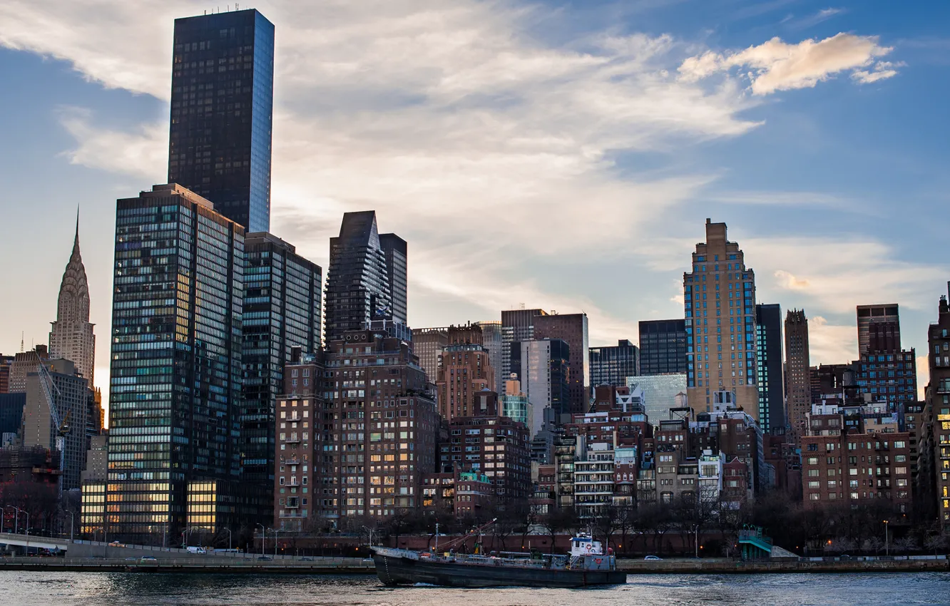 Photo wallpaper ship, skyscrapers, morning, United States, New York City