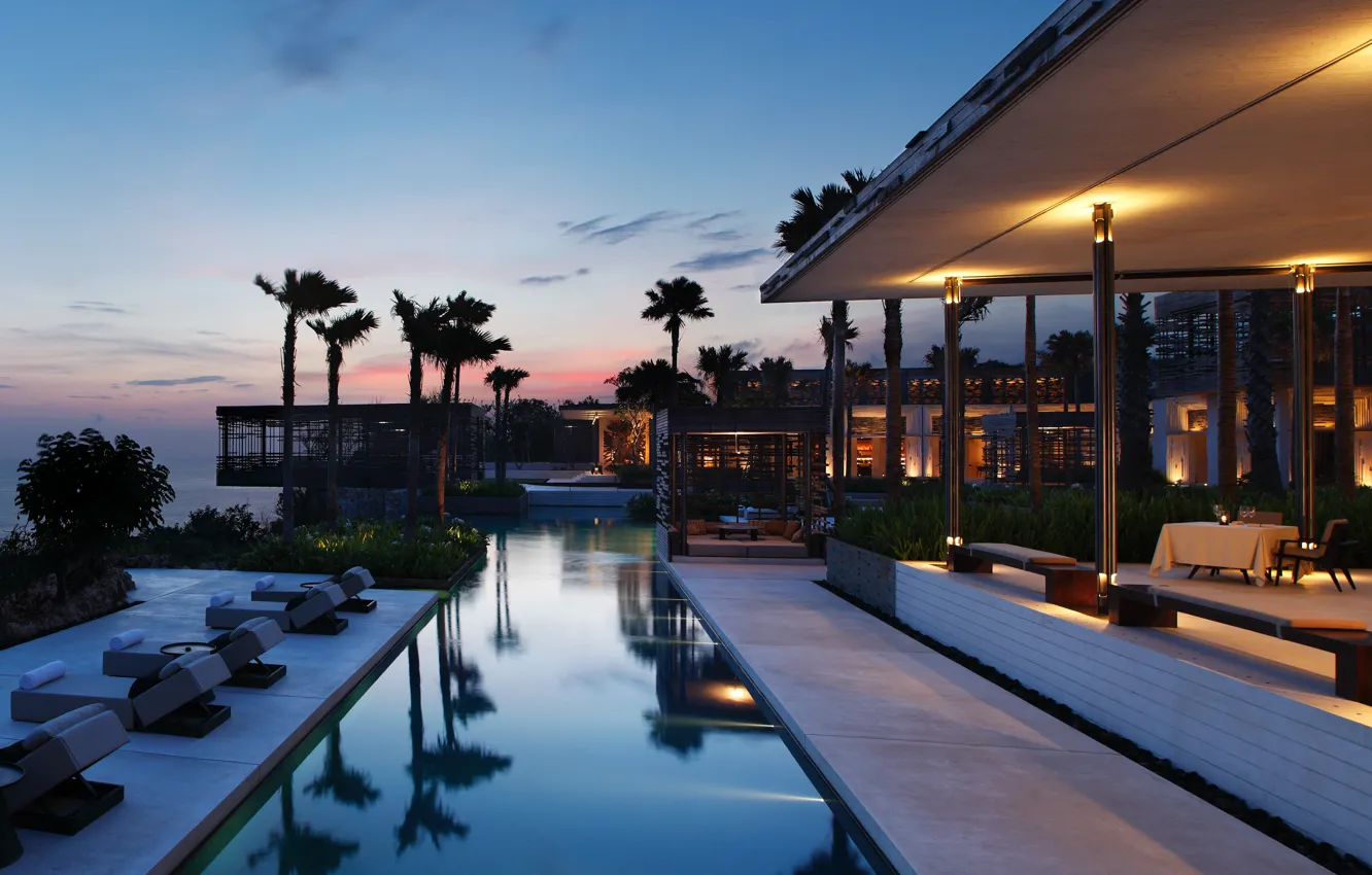 Photo wallpaper palm trees, Villa, the evening, pool, Bali, Indonesia, the hotel, resort