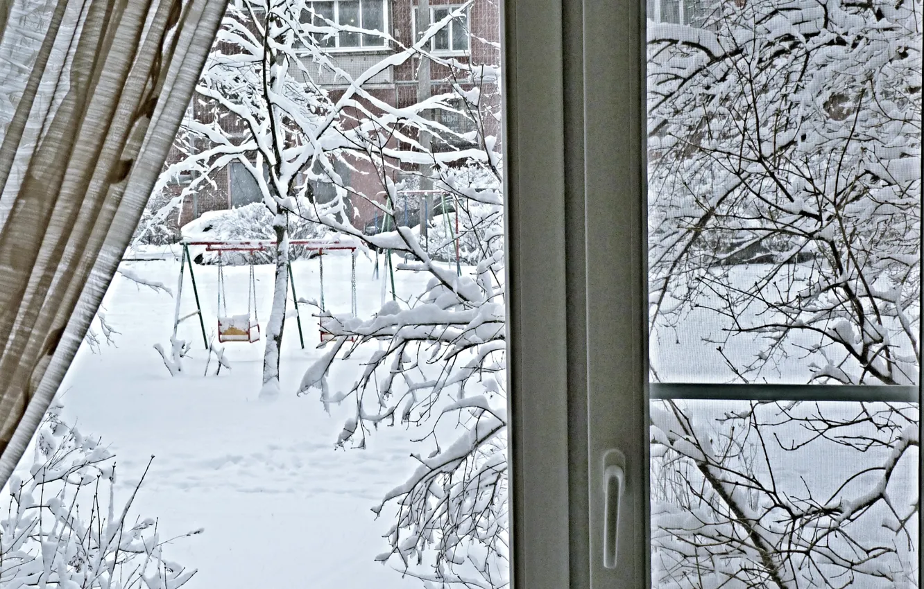 Photo wallpaper snow, spring, the view from the window, March