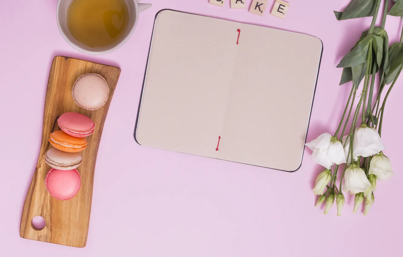 Photo wallpaper tea, bouquet, Breakfast, Notepad, eustoma, macaron