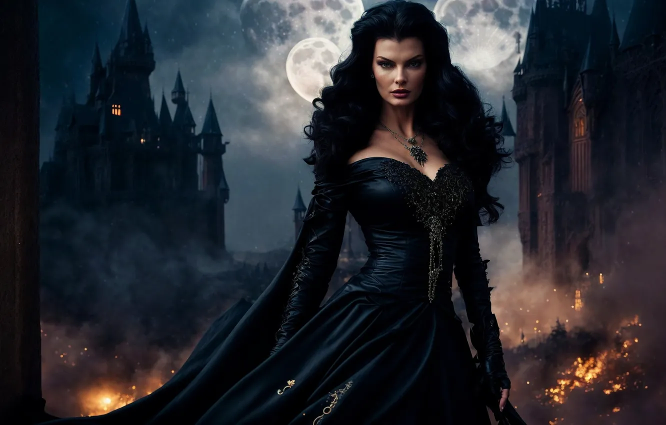 Photo wallpaper girl, castle, flame, the moon, woman, smoke, lady