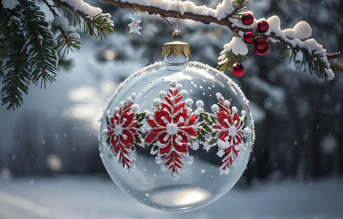 Photo wallpaper winter, snow, decoration, balls, new year, Christmas, glass, Christmas
