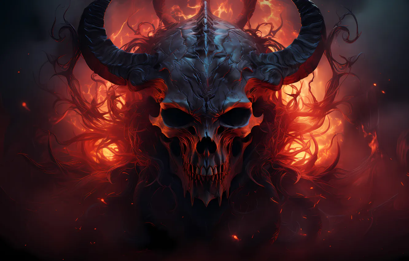 Photo wallpaper skull, the demon, horns, demon, sake, horns, digital art, AI Art