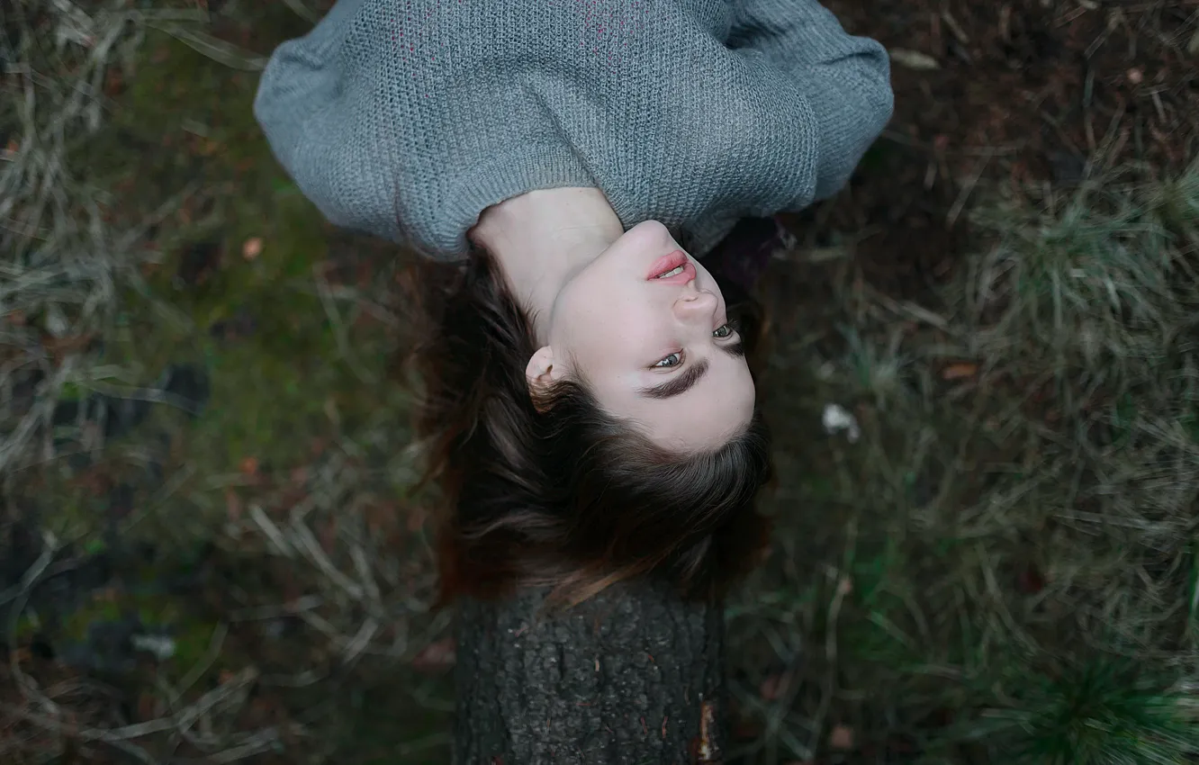 Photo wallpaper girl, trees, face, pose, hair, portrait, lies, sweater